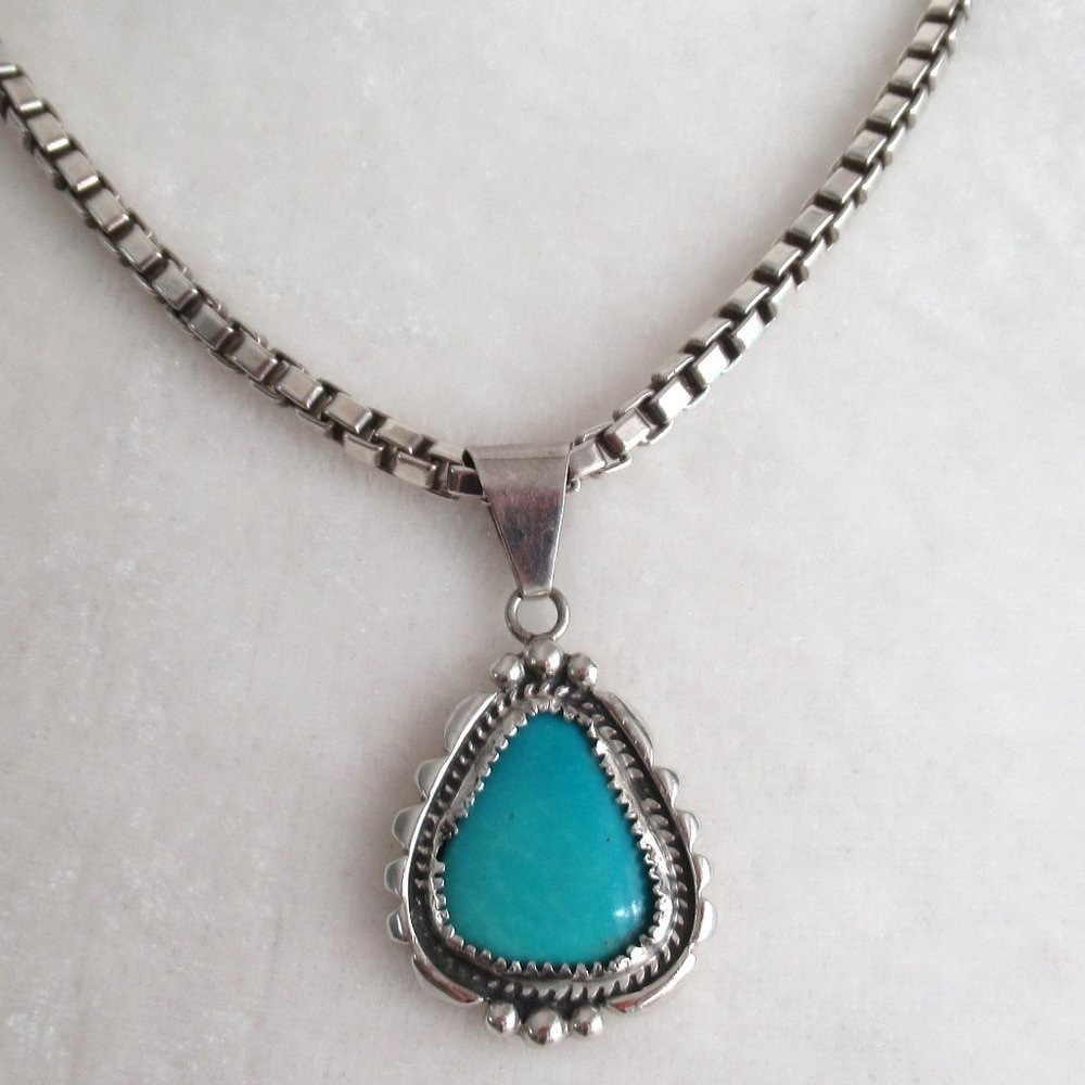 VTG State Sterling Silver Sleeping B Turquoise Navajo Pendant Signed WP 1.75" H
